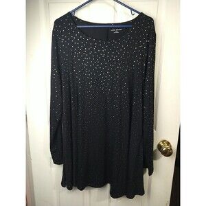 Lane Bryant Woman 14/16 Tunic Long Sleeve Black Shirt Silver Polka Dot Business